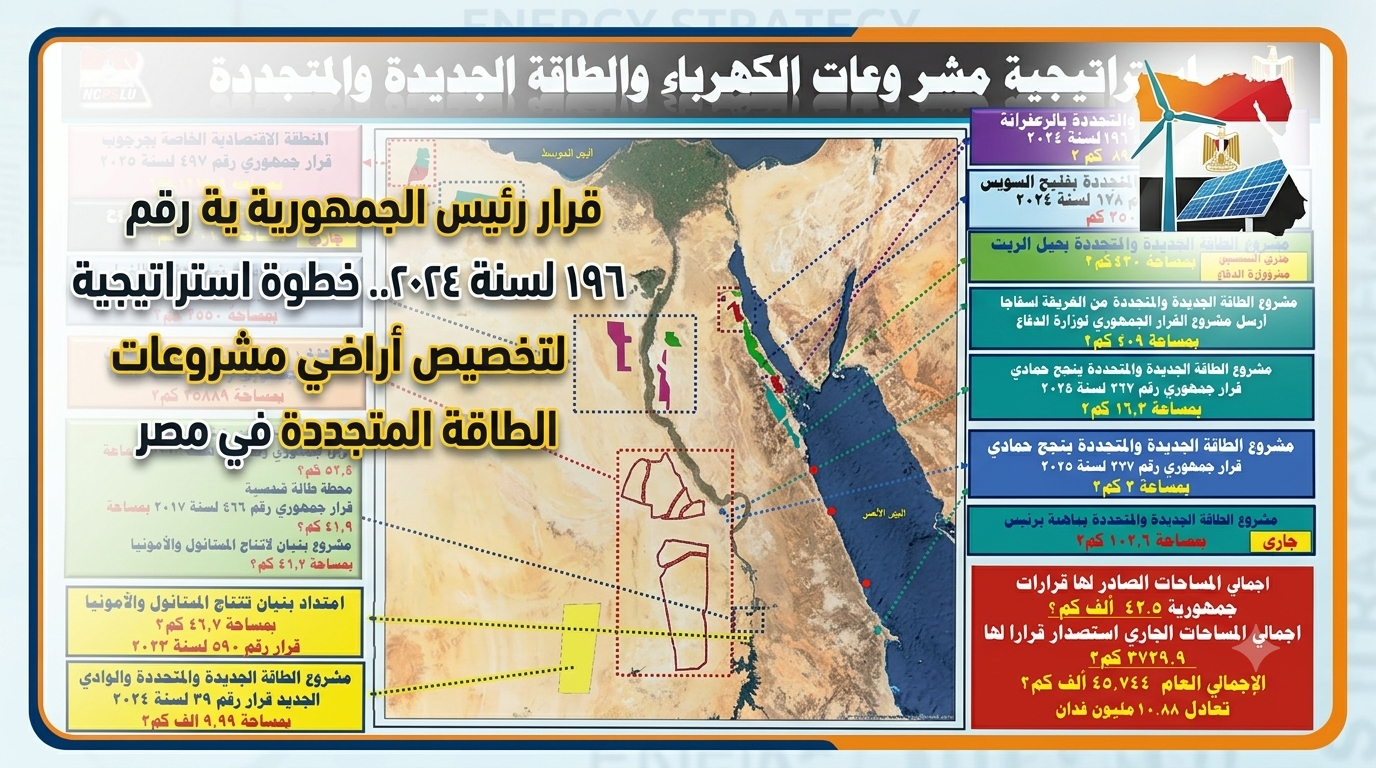 قرار رئيس الجمهورية رقم 196 لسنة 2024.. خطوة استراتيجية لتخصيص أراضي مشروعات الطاقة المتجددة في مصر
